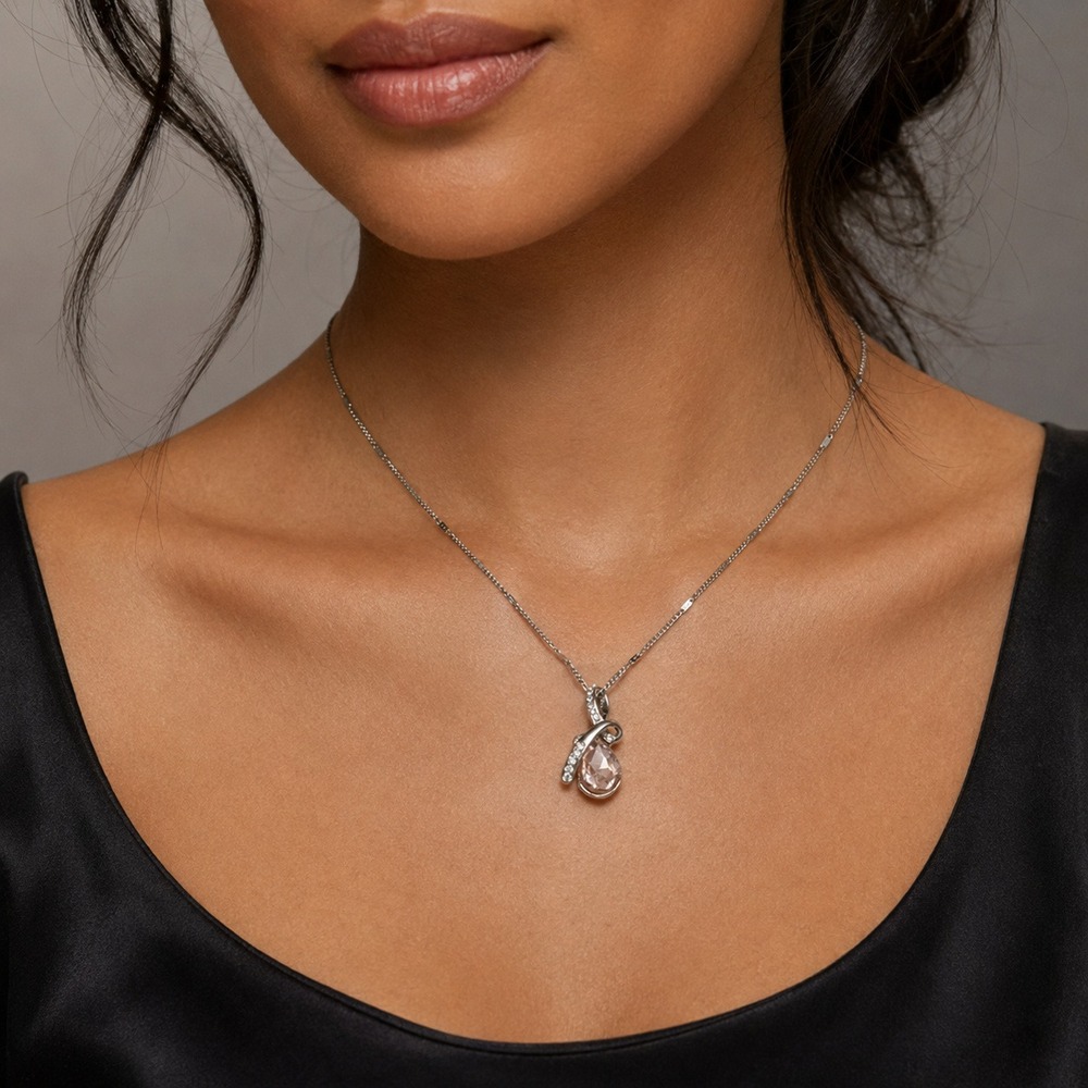 Silver Tone Pink Crystal Teardrop Pendant Necklace Rhinestone Accent 18 Inch
